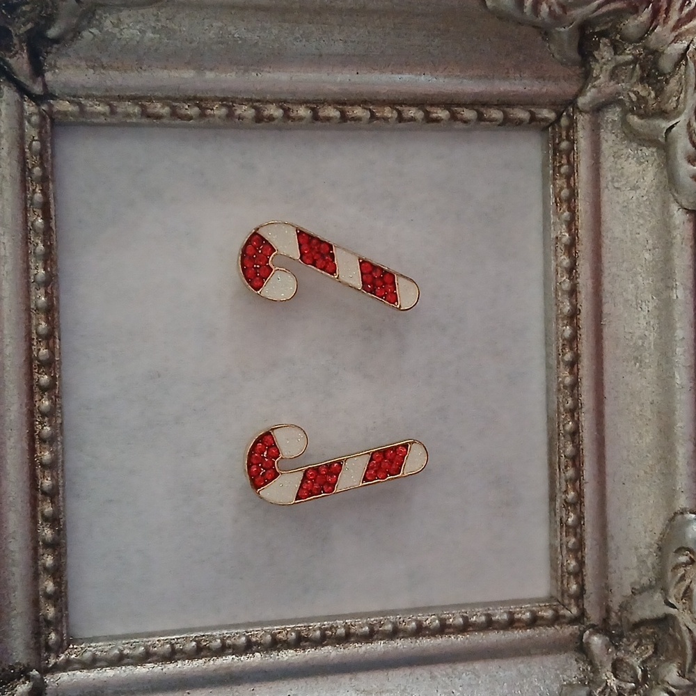 Candy Cane Stud Earrings Red Clear Crystals Holiday